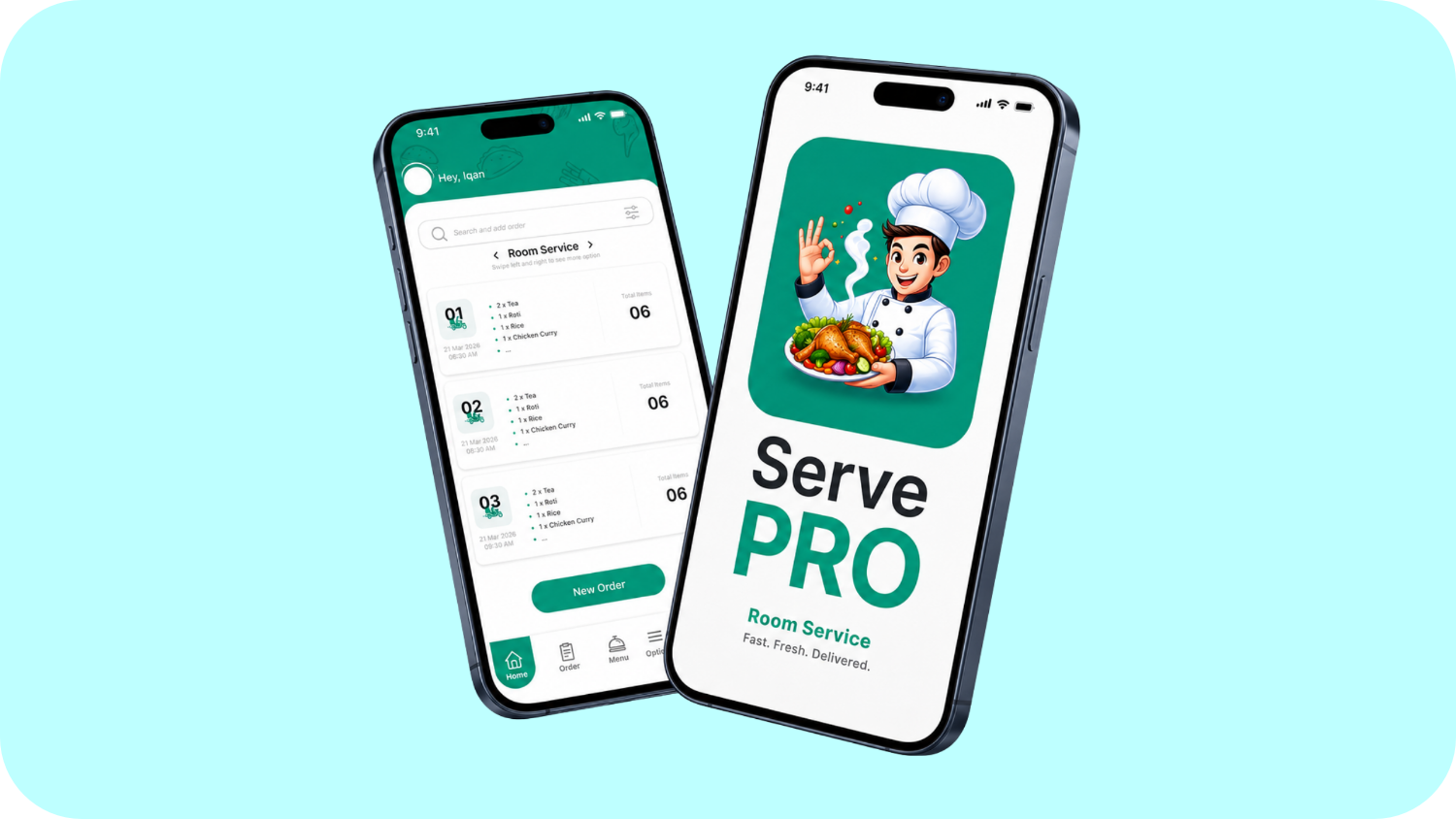 Restaurant ordering and service applications displayed on mobile devices.
